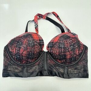 Victoria's Secret Very Sexy Multi-way Corset Bra 32C Padded Red Plaid Black Lace